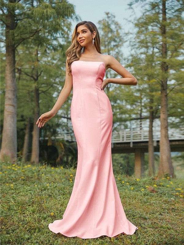 Sheath/Column Stretch Crepe Ruched Strapless Sleeveless Sweep/Brush Train Bridesmaid Dresses Evening Dress