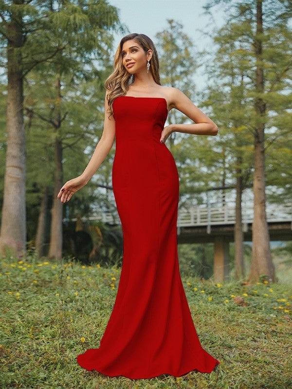Sheath/Column Stretch Crepe Ruched Strapless Sleeveless Sweep/Brush Train Bridesmaid Dresses Evening Dress
