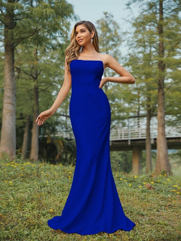 Sheath/Column Stretch Crepe Ruched Strapless Sleeveless Sweep/Brush Train Bridesmaid Dresses Evening Dress