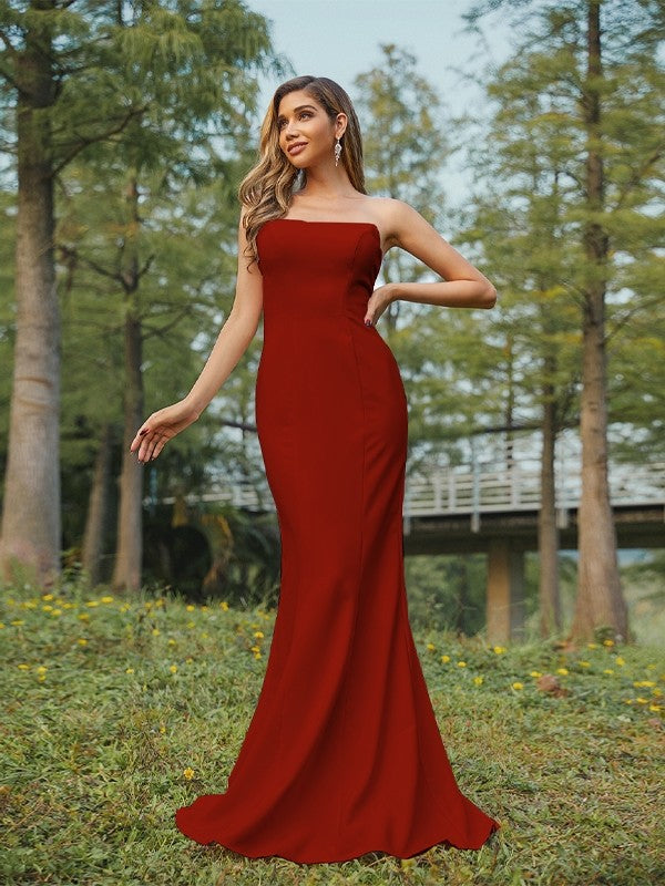 Sheath/Column Stretch Crepe Ruched Strapless Sleeveless Sweep/Brush Train Bridesmaid Dresses Evening Dress