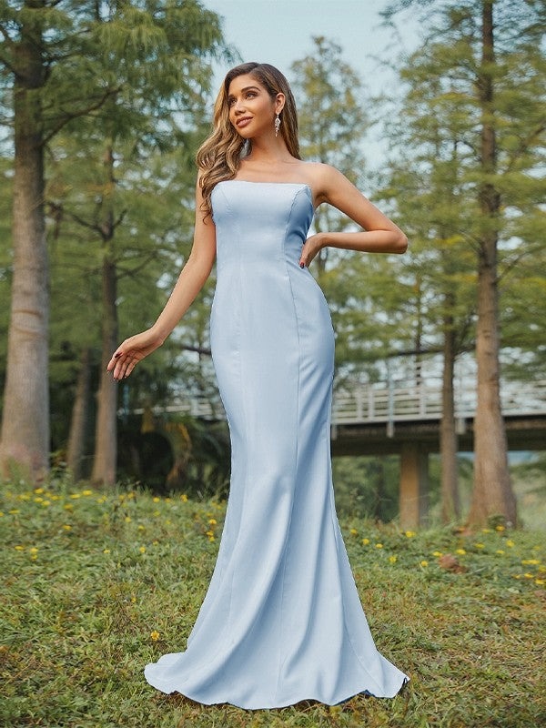 Sheath/Column Stretch Crepe Ruched Strapless Sleeveless Sweep/Brush Train Bridesmaid Dresses Evening Dress