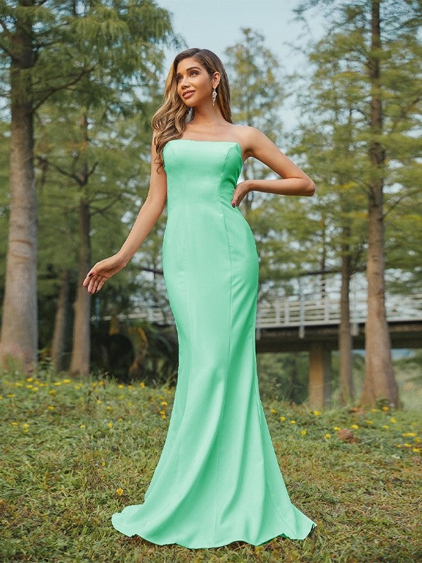 Sheath/Column Stretch Crepe Ruched Strapless Sleeveless Sweep/Brush Train Bridesmaid Dresses Evening Dress