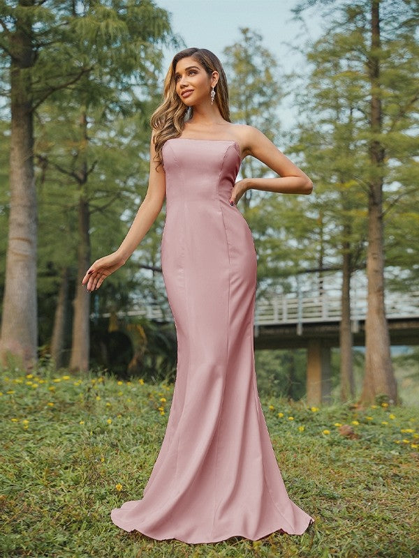 Sheath/Column Stretch Crepe Ruched Strapless Sleeveless Sweep/Brush Train Bridesmaid Dresses Evening Dress