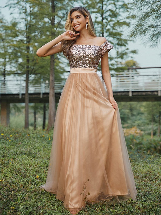 A-Line/Princess Tulle Sequin Off-the-Shoulder Sleeveless Floor-Length Bridesmaid Dresses Prom Dress