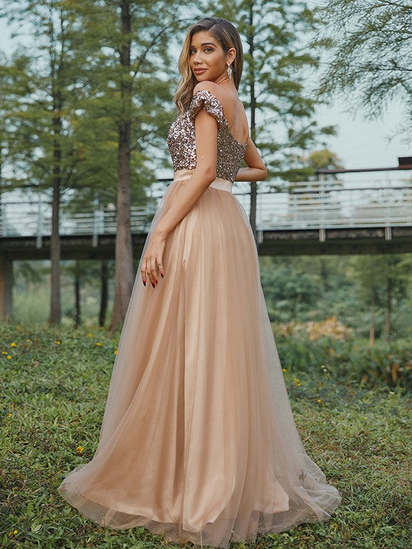 A-Line/Princess Tulle Sequin Off-the-Shoulder Sleeveless Floor-Length Bridesmaid Dresses Prom Dress
