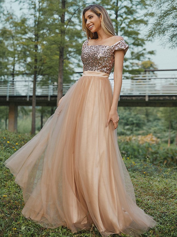 A-Line/Princess Tulle Sequin Off-the-Shoulder Sleeveless Floor-Length Bridesmaid Dresses Prom Dress