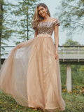 A-Line/Princess Tulle Sequin Off-the-Shoulder Sleeveless Floor-Length Bridesmaid Dresses Prom Dress