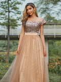 A-Line/Princess Tulle Sequin Off-the-Shoulder Sleeveless Floor-Length Bridesmaid Dresses Prom Dress