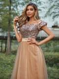 A-Line/Princess Tulle Sequin Off-the-Shoulder Sleeveless Floor-Length Bridesmaid Dresses Prom Dress