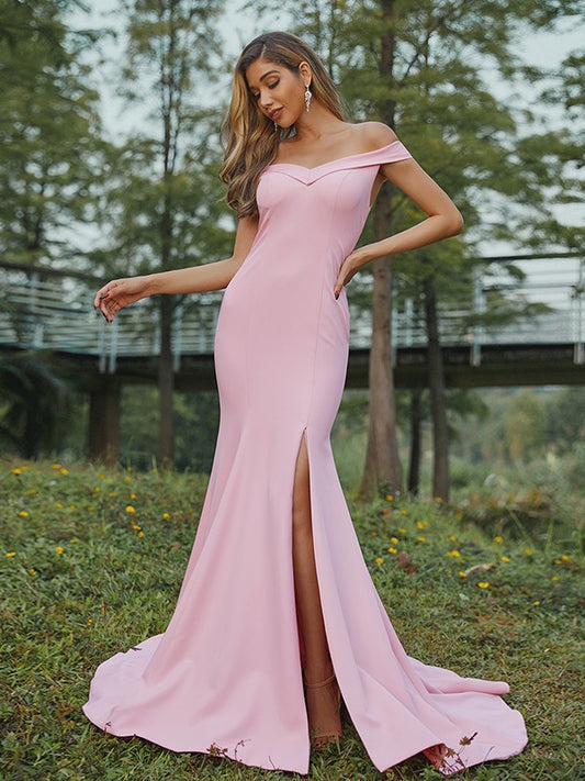 Sheath/Column Stretch Crepe Ruched Off-the-Shoulder Sleeveless Sweep/Brush Train Bridesmaid Dresses Evening Dress