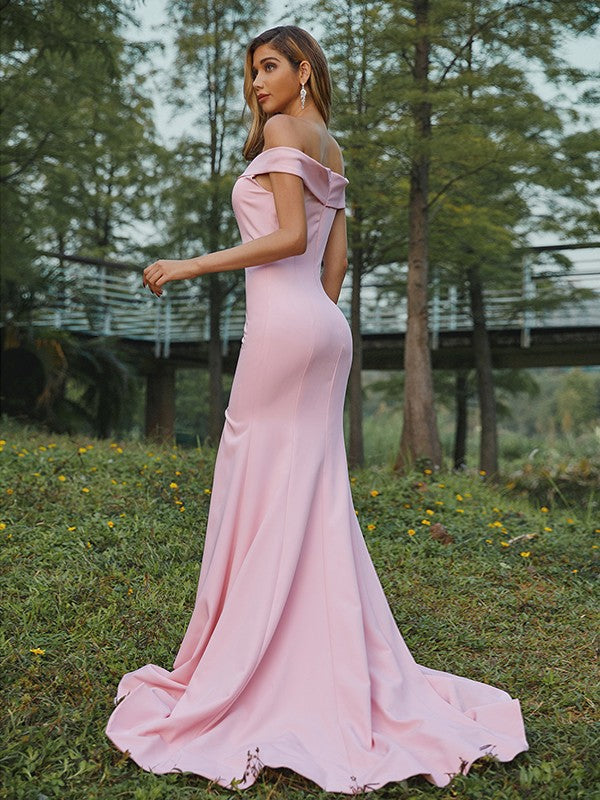 Sheath/Column Stretch Crepe Ruched Off-the-Shoulder Sleeveless Sweep/Brush Train Bridesmaid Dresses Evening Dress