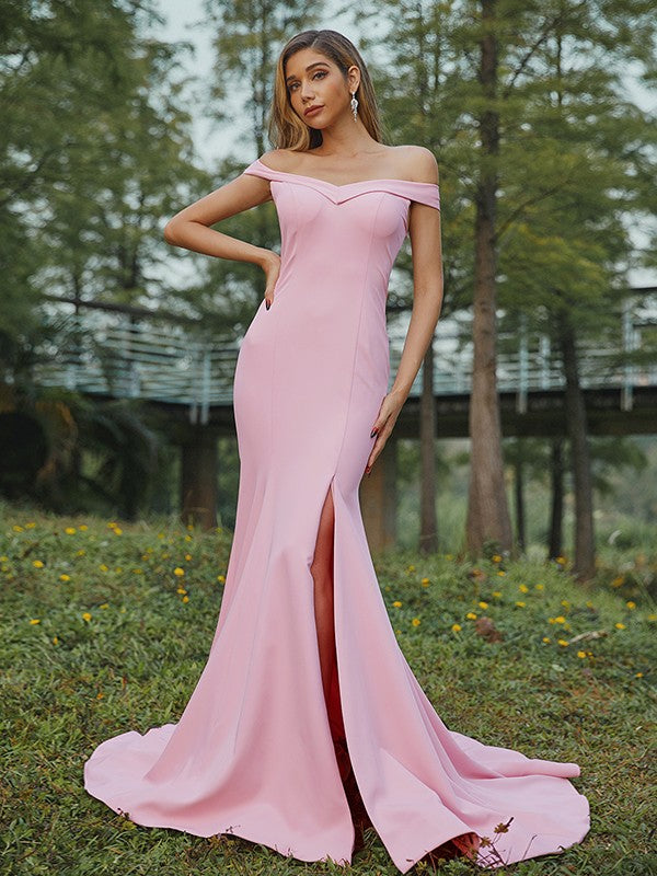 Sheath/Column Stretch Crepe Ruched Off-the-Shoulder Sleeveless Sweep/Brush Train Bridesmaid Dresses Evening Dress