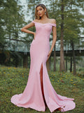 Sheath/Column Stretch Crepe Ruched Off-the-Shoulder Sleeveless Sweep/Brush Train Bridesmaid Dresses Evening Dress