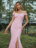 Sheath/Column Stretch Crepe Ruched Off-the-Shoulder Sleeveless Sweep/Brush Train Bridesmaid Dresses Evening Dress