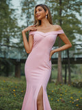Sheath/Column Stretch Crepe Ruched Off-the-Shoulder Sleeveless Sweep/Brush Train Bridesmaid Dresses Evening Dress