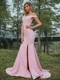 Sheath/Column Stretch Crepe Ruched Off-the-Shoulder Sleeveless Sweep/Brush Train Bridesmaid Dresses Evening Dress