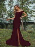 Sheath/Column Stretch Crepe Ruched Off-the-Shoulder Sleeveless Sweep/Brush Train Bridesmaid Dresses Evening Dress