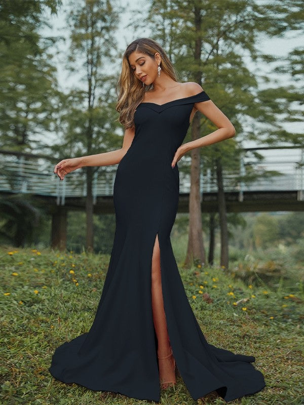 Sheath/Column Stretch Crepe Ruched Off-the-Shoulder Sleeveless Sweep/Brush Train Bridesmaid Dresses Evening Dress