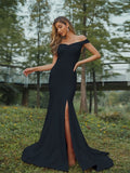 Sheath/Column Stretch Crepe Ruched Off-the-Shoulder Sleeveless Sweep/Brush Train Bridesmaid Dresses Evening Dress