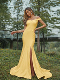 Sheath/Column Stretch Crepe Ruched Off-the-Shoulder Sleeveless Sweep/Brush Train Bridesmaid Dresses Evening Dress