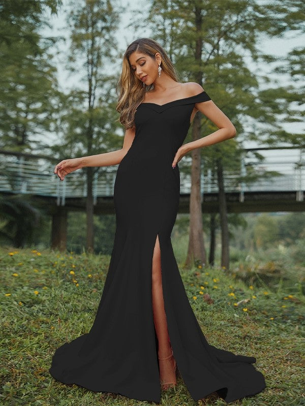 Sheath/Column Stretch Crepe Ruched Off-the-Shoulder Sleeveless Sweep/Brush Train Bridesmaid Dresses Evening Dress