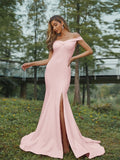 Sheath/Column Stretch Crepe Ruched Off-the-Shoulder Sleeveless Sweep/Brush Train Bridesmaid Dresses Evening Dress