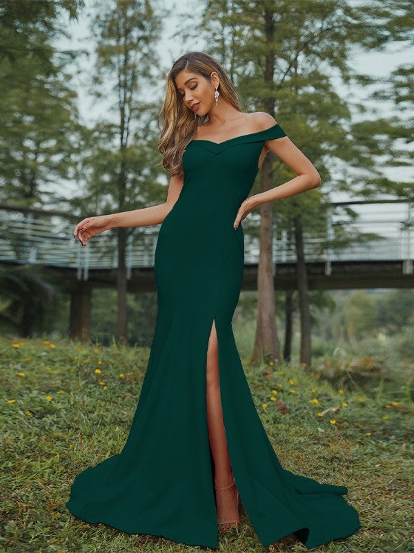 Sheath/Column Stretch Crepe Ruched Off-the-Shoulder Sleeveless Sweep/Brush Train Bridesmaid Dresses Evening Dress