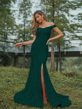 Sheath/Column Stretch Crepe Ruched Off-the-Shoulder Sleeveless Sweep/Brush Train Bridesmaid Dresses Evening Dress