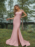 Sheath/Column Stretch Crepe Ruched Off-the-Shoulder Sleeveless Sweep/Brush Train Bridesmaid Dresses Evening Dress