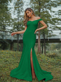 Sheath/Column Stretch Crepe Ruched Off-the-Shoulder Sleeveless Sweep/Brush Train Bridesmaid Dresses Evening Dress