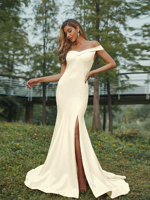 Sheath/Column Stretch Crepe Ruched Off-the-Shoulder Sleeveless Sweep/Brush Train Bridesmaid Dresses Evening Dress