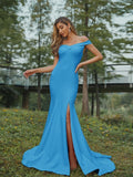 Sheath/Column Stretch Crepe Ruched Off-the-Shoulder Sleeveless Sweep/Brush Train Bridesmaid Dresses Evening Dress