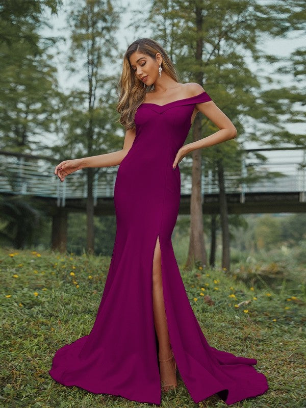 Sheath/Column Stretch Crepe Ruched Off-the-Shoulder Sleeveless Sweep/Brush Train Bridesmaid Dresses Evening Dress