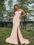 Sheath/Column Stretch Crepe Ruched Off-the-Shoulder Sleeveless Sweep/Brush Train Bridesmaid Dresses Evening Dress