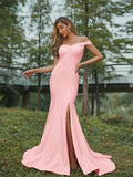 Sheath/Column Stretch Crepe Ruched Off-the-Shoulder Sleeveless Sweep/Brush Train Bridesmaid Dresses Evening Dress