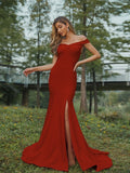 Sheath/Column Stretch Crepe Ruched Off-the-Shoulder Sleeveless Sweep/Brush Train Bridesmaid Dresses Evening Dress