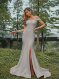 Sheath/Column Stretch Crepe Ruched Off-the-Shoulder Sleeveless Sweep/Brush Train Bridesmaid Dresses Evening Dress