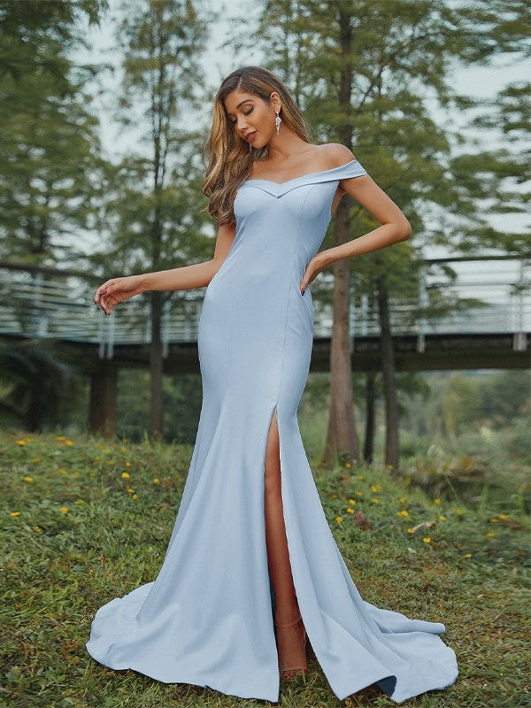 Sheath/Column Stretch Crepe Ruched Off-the-Shoulder Sleeveless Sweep/Brush Train Bridesmaid Dresses Evening Dress