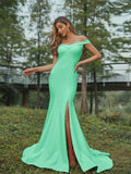 Sheath/Column Stretch Crepe Ruched Off-the-Shoulder Sleeveless Sweep/Brush Train Bridesmaid Dresses Evening Dress