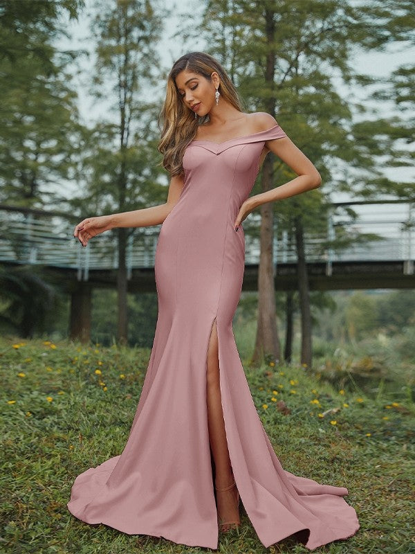Sheath/Column Stretch Crepe Ruched Off-the-Shoulder Sleeveless Sweep/Brush Train Bridesmaid Dresses Evening Dress