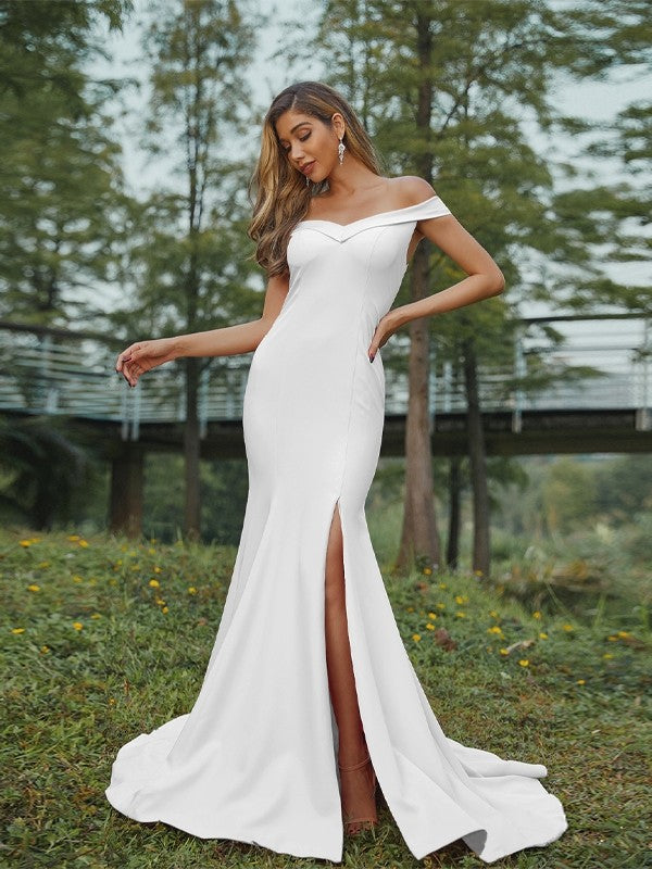 Sheath/Column Stretch Crepe Ruched Off-the-Shoulder Sleeveless Sweep/Brush Train Bridesmaid Dresses Evening Dress