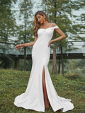 Sheath/Column Stretch Crepe Ruched Off-the-Shoulder Sleeveless Sweep/Brush Train Bridesmaid Dresses Evening Dress