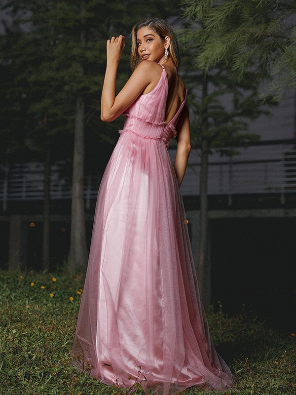 A-Line/Princess Tulle Ruffles V-neck Sleeveless Sweep/Brush Train Bridesmaid Dresses Evening Prom Dress