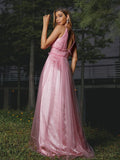 A-Line/Princess Tulle Ruffles V-neck Sleeveless Sweep/Brush Train Bridesmaid Dresses Evening Prom Dress