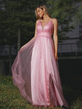 A-Line/Princess Tulle Ruffles V-neck Sleeveless Sweep/Brush Train Bridesmaid Dresses Evening Prom Dress