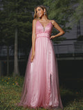 A-Line/Princess Tulle Ruffles V-neck Sleeveless Sweep/Brush Train Bridesmaid Dresses Evening Prom Dress