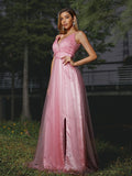 A-Line/Princess Tulle Ruffles V-neck Sleeveless Sweep/Brush Train Bridesmaid Dresses Evening Prom Dress