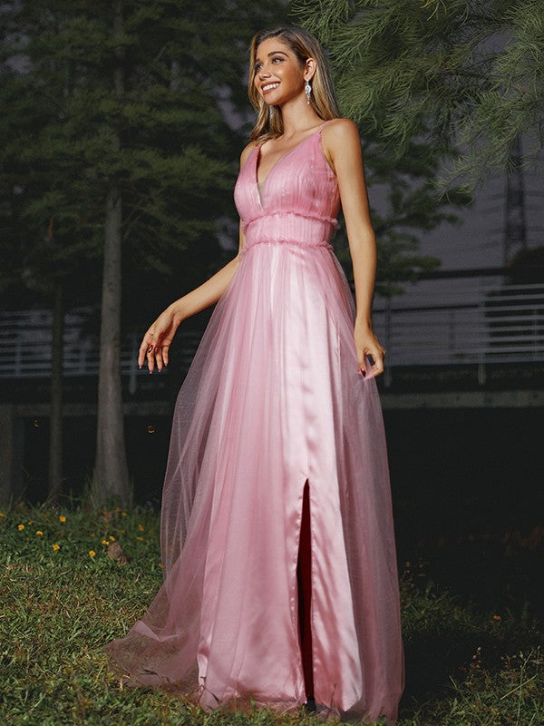 A-Line/Princess Tulle Ruffles V-neck Sleeveless Sweep/Brush Train Bridesmaid Dresses Evening Prom Dress