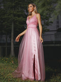A-Line/Princess Tulle Ruffles V-neck Sleeveless Sweep/Brush Train Bridesmaid Dresses Evening Prom Dress