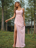 A-Line/Princess Stretch Crepe Ruched V-neck Sleeveless Sweep/Brush Train Bridesmaid Dresses Evening Dress